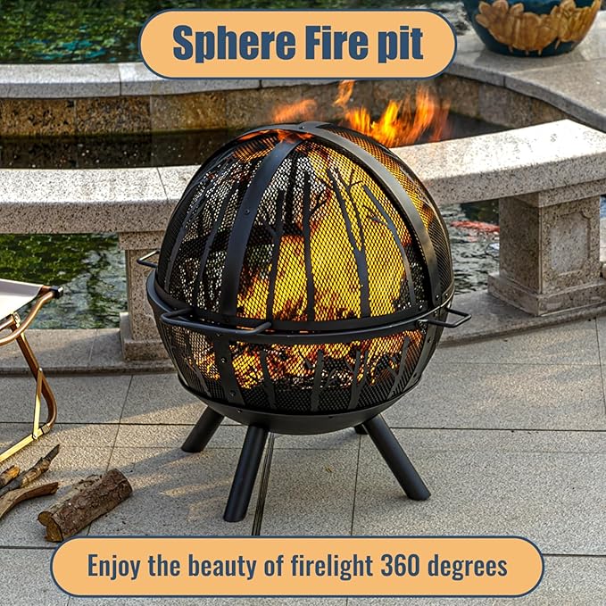 35 Inch Wood Burning Fire Pit with BBQ Grill, Heavy Duty Fire Pits Ball for Outside with Spark Screen & Removable Ash Pan, Outdoor firepit & Fireplace for Bonfire in Garden, Yard