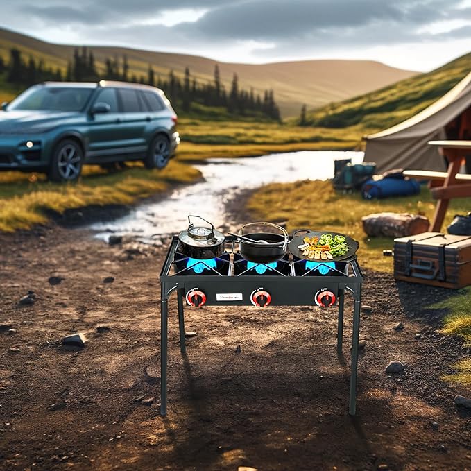 Vivicreate 3 Burner High pressure Propane Stove, 28 Inch Tall Camping Stove with cast iron burner 105000 BTU power, Stable Legs for Outdoor Use