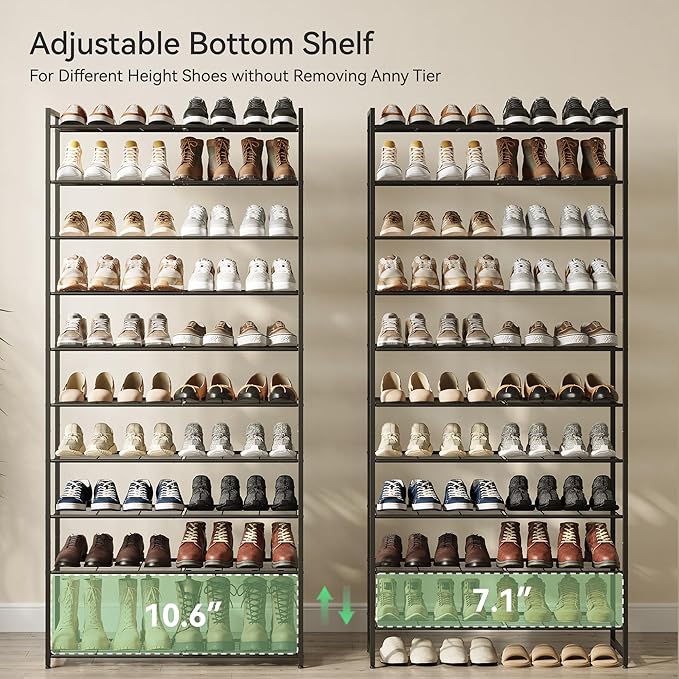 Shoe Rack for Closet, Metal Shoe Organizer, 10 Tier Garage Shoe Rack Max Holds 50 Pairs,Shoe Storage Shelf,Entryway, Black
