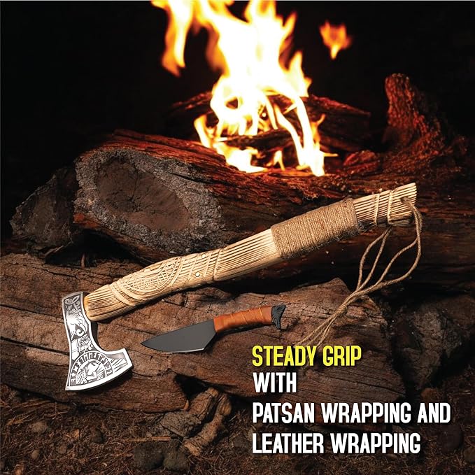 Viking Axe with Gift Viking Knife Also Leather Sheaths, Carbon Steel, Carved Wooden Handle, Bearded Heaven Hatchet for Camping, Throwing, Survival, Splitting, Felling, Chopping, Hiking (Axe - 02)