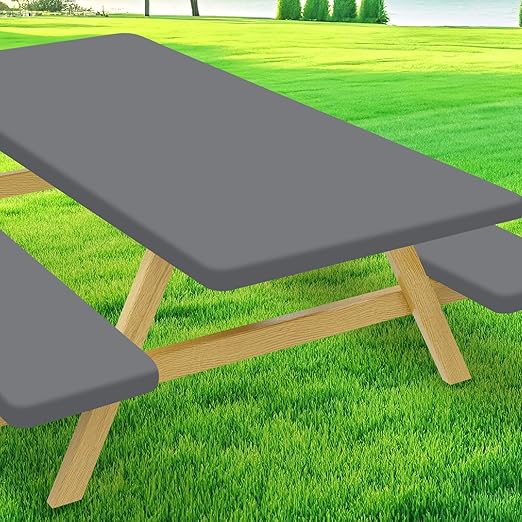 Picnic Table Cover with Bench Covers, Elastic Fitted Spandex Tablecloths for 6 Foot Rectangle Tables, Stretch Washable Patio Tablecloth for Outdoor, Camping (Grey, 30"x72")
