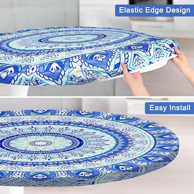 Round Tablecloth Fitted Elastic Table Cover Waterproof Table Cloth for Dinner, Party, Picnic,Camping, Round Table Cover for Indoor Outdoor