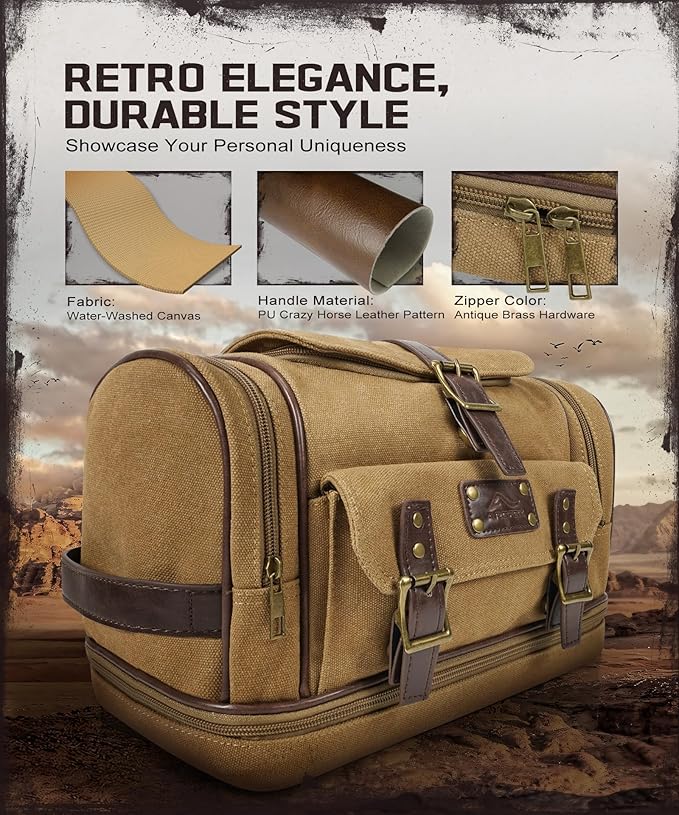 ARCFOX Travel Hanging Toiletry Bag for Men, Vintage Canvas Large Toiletry Bag with 7 Compartments, Camping Gym Travel Toiletry Kit Organizer with PVC Wet & Dry Pockets, Personalized Wash Bag, Brown