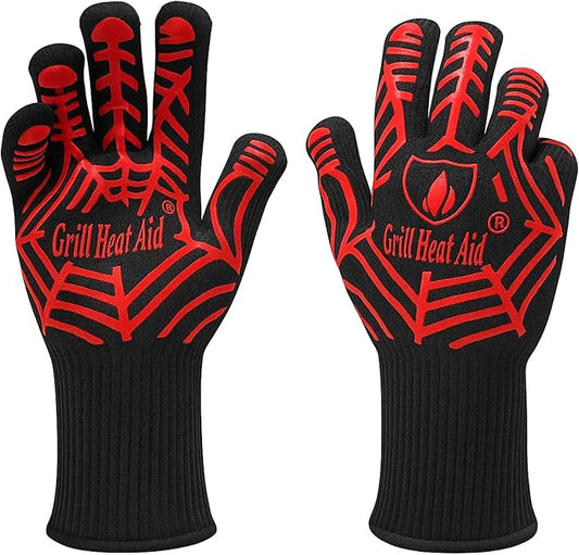 GRILL HEAT AID BBQ Grill Gloves Heat Proof for Grilling – Fireproof 1472°F Heat-Resistant Grill Mitts for Outdoor Barbecue and Smoker, Campfire, Fire Pit, Oven Glove with Fingers for Baking Pizza