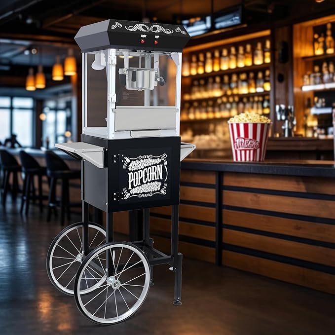 Popcorn Maker Machine - Professional Cart With 8 Oz Kettle Makes Up to 48 Cups, Stainless Steel Vintage Commercial Popcorn Machine Movie Theater Style (Black)