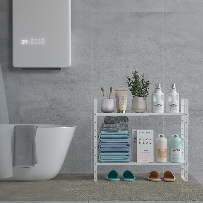 Expandable Spice Rack, Stackable Metal Pantry Storage Shelves Stand, Adjustable Height Cabinet Shelf Organizer Racks(2PACKS/WHITE,MEDIUM)