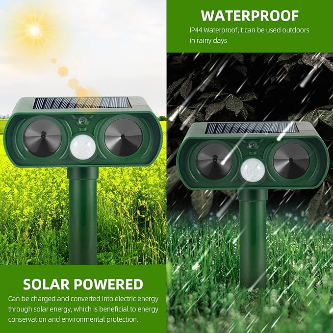4 Pack Solar Ultrasonic Animal Repellent Outdoor Deer Repellent Devices Waterproof Motion Activated Animal Deterrent Device to Scare Cat Dog Squirrel Rabbit Raccoon Skunk Out of Yard Garden Lawn