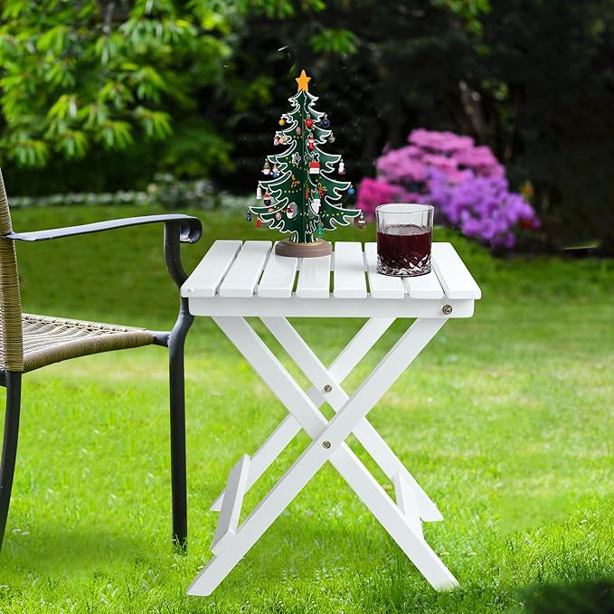 Outdoor Patio Side Table Set of 2 Small Wood End Square Table Folding Coffee Furniture for Living Room, Bedroom, Plant Stand, Camping Portable White