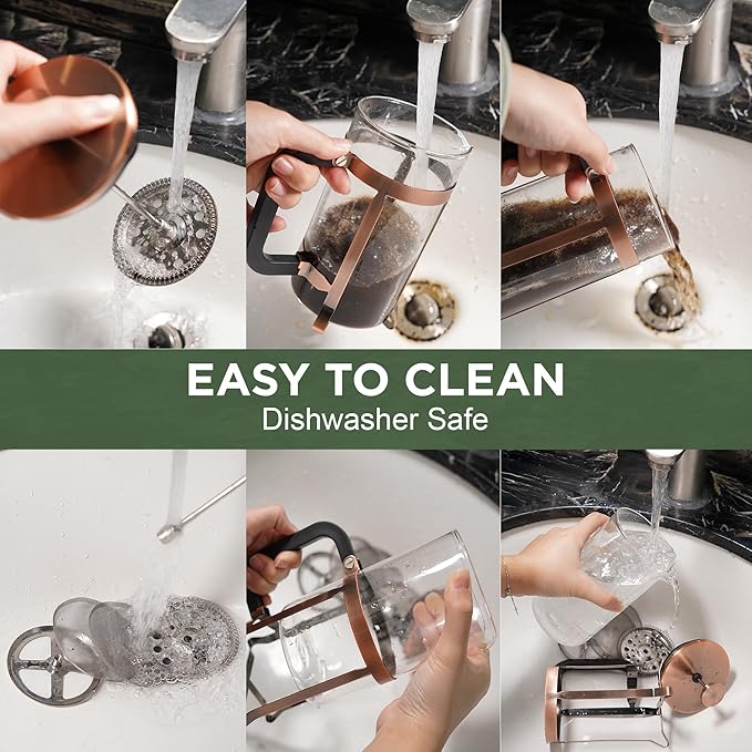 French Press Coffee Maker - 21 Ounce / 600ML, Stainless Steel & Heat-Resistant Borosilicate Glass - Ideal for Cold Brew, Espresso, 4-Filter System