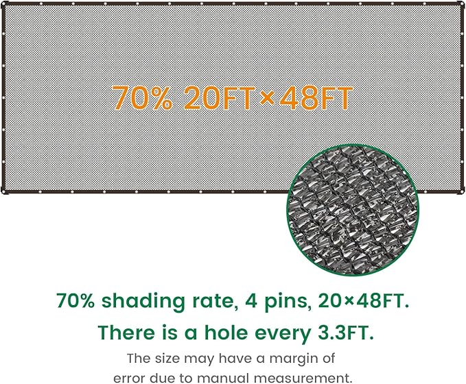 70% 20 X 48 FT Black Shade Cloth, Outdoor Sunblock Shade Cloth with Grommets, Durable Sun Shade Netting Shading Antifreezing for Patio, Garden, Plants Cover, Greenhouse, Barns, Dog Kennel