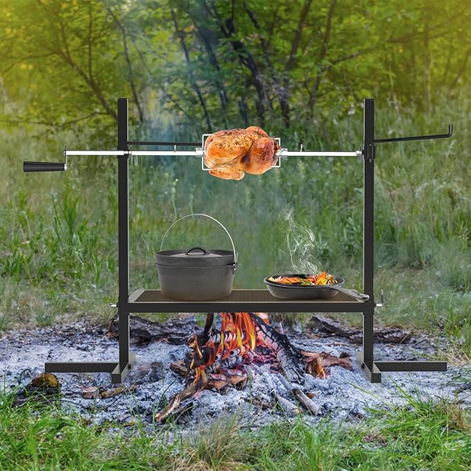 onlyfire Adjustable Grill Rotisserie System and Spit, Over Fire Camp Grill with Cooking Grate for Outdoor Open Flame Cooking