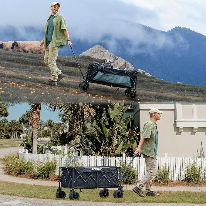 FUNDANGO 600lbs Heavy Duty Wagon, Foldable Beach Collapsible Wagons Garden Cart with Brakes, Side Pockets & All-Terrain Big Wheels for Sports Camping Shopping Groceries, Black