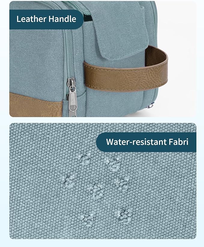 WANDF Toiletry Bag for Men Travel Toiletry Organizer Canvas and Leather Dopp Kit Water-Resistant Shaving Bag for Travel Accessories (Pale Blue, Large)