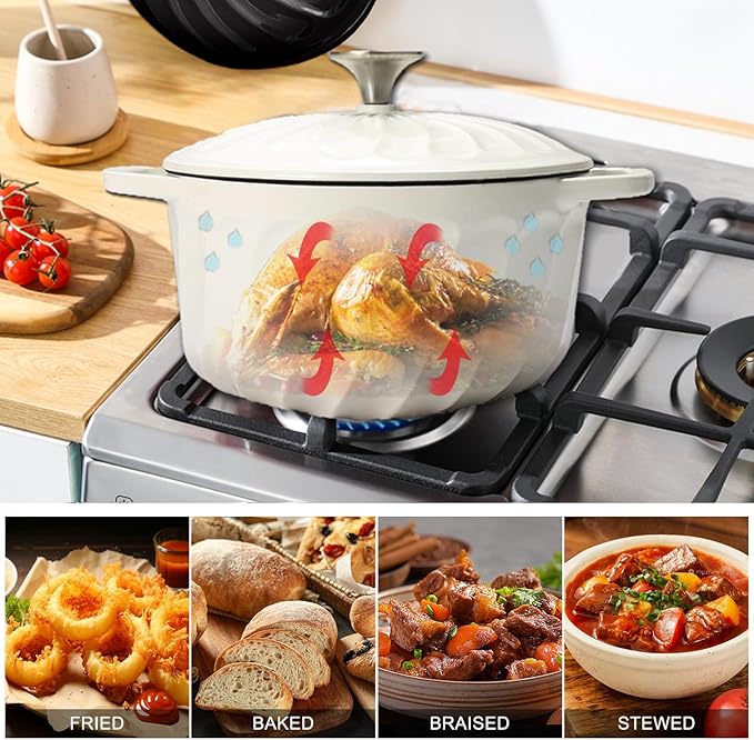 Enameled Cast Iron Dutch Oven with Lid, 6 QT Cast Iron Dutch Oven Pot, Dual Handles for Bread Baking, Cook, Bake, Oven Safe across All Cooktops (White,6 QT)