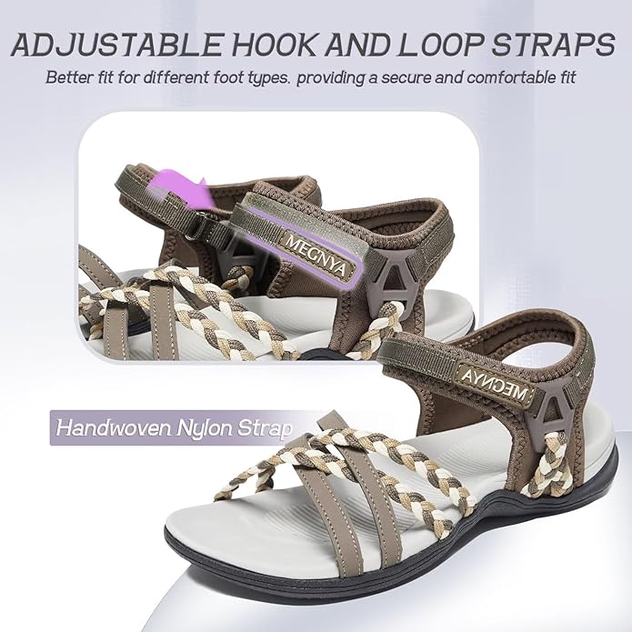MEGNYA Hiking Sandals for Women, Arch Support Comfortable Walking Sandals Hook Loop Strap, Sports Lightweight Slides