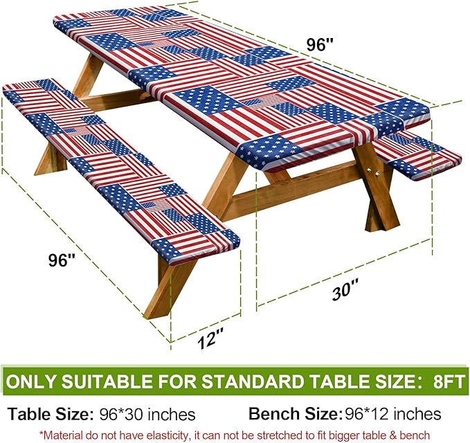 Picnic Table Cover with Bench Covers Camping Essentials Waterproof Windproof Camping Tablecloth with Drawstring Bag, Fitted Rectangle Tables and Seats, 96in, Red Blue White