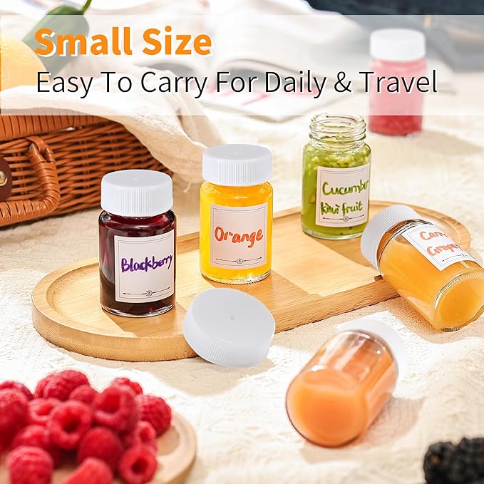 8 Pack, 2 oz Glass Shot Bottles w/White Caps & Labels - Small Clear Jar for Ginger, Wellness Shot, Juice, Sample, Whiskey - Travel Essentials Mini Bottles - Wide Mouth, Leakproof, Dishwasher Safe