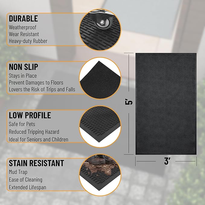 Ottomanson Easy Clean, Waterproof Non-Slip 3x5 Indoor/Outdoor Rubber Doormat, 35" x 60", Black