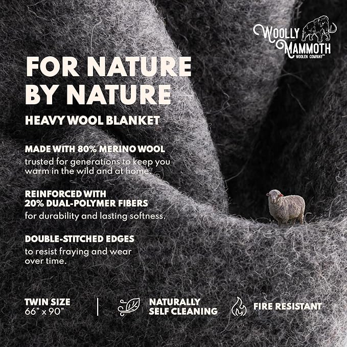 Woolly Mammoth Woolen Co. | Extra Large Merino Wool Camp Blanket | Perfect Outdoor Gear | Bedroll for Bushcraft, Camping, Trekking, Hiking, Survival, or Throw Blanket at the Cabin (Gray), 66" x 90"