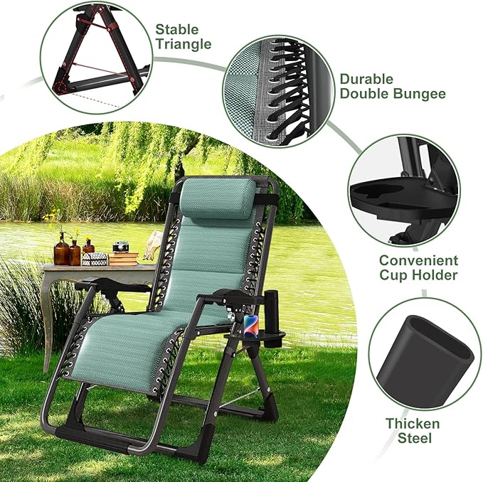 NAIZEA Padded Zero Gravity Chair, Cooling Fabric Folding Outdoor Lounge Chairs, Adjustable Reclining Camping Chairs with Cup Holder, Ergonomic Patio Lawn Chair for Balcony Beach Deck Yard