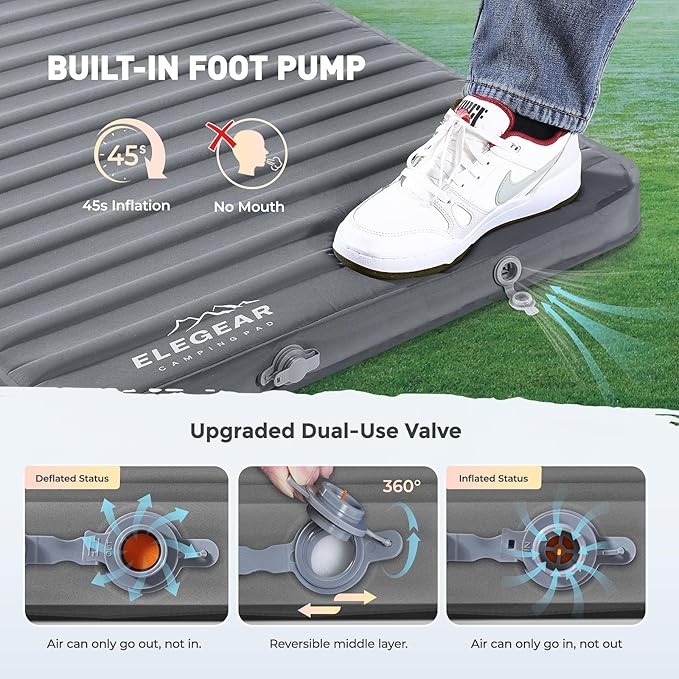 Elegear Air & Foam Camping Sleeping Pad, HexaFoam Camping Mattress Pad with Built-in Foot Pump Memory Foam Camp Pad 4-Season Camp Sleeping Mat for Travel/Car/Tent, Gray