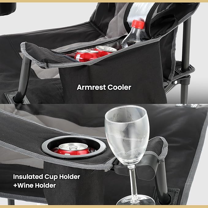 ARROWHEAD OUTDOOR 2-Pack Portable Folding Camping Quad Chair w/ 6-Can Cooler, Cup & Wine Glass Holders, Heavy-Duty Carrying Bag, Padded Armrests, Headrest & Seat, Supports up to 550lbs