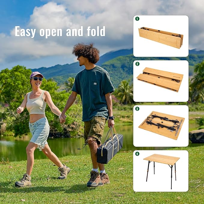 KingCamp Bamboo Folding Table, 4-Fold Camping Adjustable Height Portable Outdoor Lightweight & Compact Table with Aluminum Frame for RV Picnic BBQ Tailgating