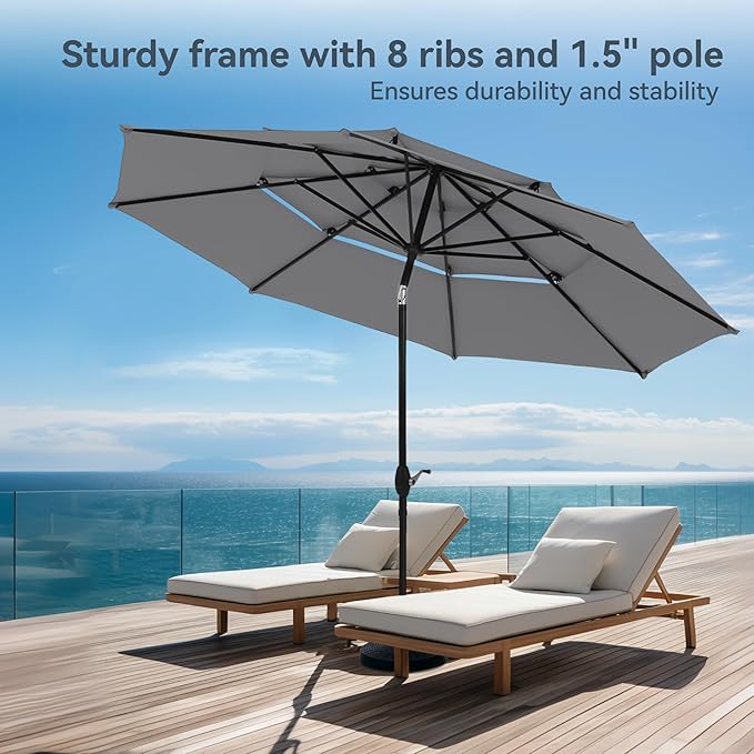 PHI VILLA 10ft Outdoor Patio Umbrellas for Outside, 3 Tier Vented Market Table Umbrella Windproof for Backyard, Deck, Garden, 1.5" Pole, Grey（No Base）