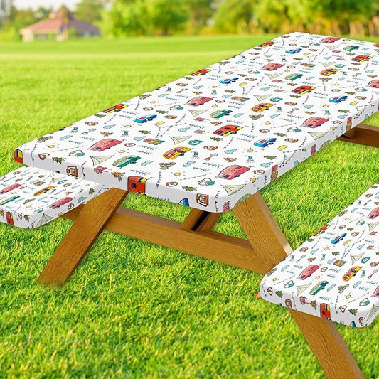 Picnic Table Cover with Bench Covers, Colorful Cartoon Camping Icons Elastic Edges, Waterproof Windproof Fitted Tablecloth, for Outdoor Camping Patio Garden, Includes Drawstring Bag, 60 in