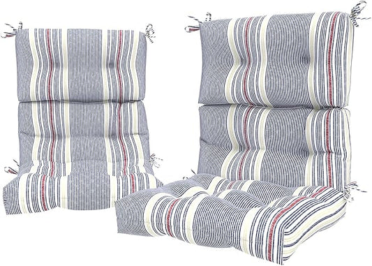 LVTXIII Outdoor Tufted High Back Cushions Set of 2 Patio Seasonal Replacement Rocking Chair Cushion with Ties, Solid Seat and Back Chair Cushion, (44” L x 22W”, Stripe Denim Blue)