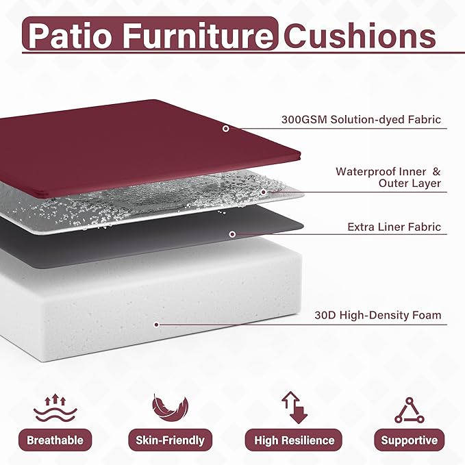 Patio Chair Cushions 18.5 X 16 X 4 Inch Waterproof Outdoor Seat Cushions for Patio Furniture, Outdoor Sofa Couch Pads with Ties & Handle, Set of 2, Burgundy