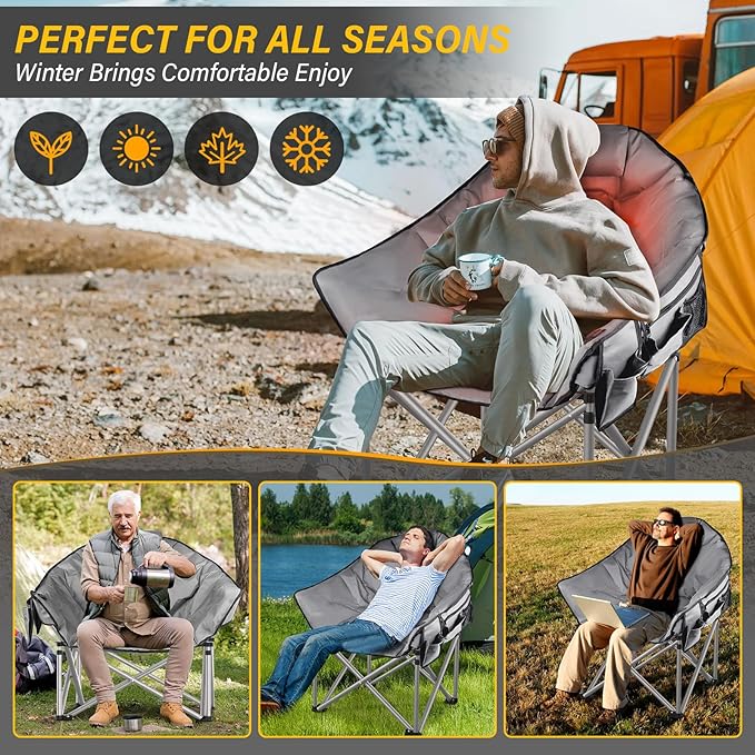 Oversized Heated Camping Chair, 3 Heat Levels Portable Heated Folding Chairs, Camping Heated Chair for Adults Supports 440 lbs, Heavy Lawn Chair for Camping/Patio/Outdoor Sport