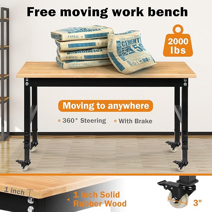 48" Heavy-Duty Adjustable Workbench for Garage, Rubber Wood Shop Table W/Metal Wheels, Hardwood Workstation Weight Capacity Over 2000 Lbs with Wheels