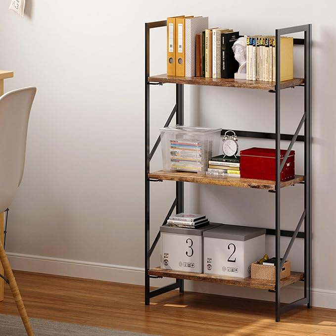 JSB No Assembly Folding Bookshelf, 3 Tier Industrial Metal Book Shelf for Storage, Vintage Wood Foldable Bookcase for Living Room, Bedroom, Office Organization Shelves