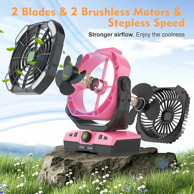 RUNTOP Oscillation Camping Fan with LED Lantern, 20000mAh Rechargeable Battery Operated Outdoor Tent Fan w/Hanging Hook, Remote Control, 4 Speeds, Personal USB Desk Fan for Camping, Jobsite (Pink)