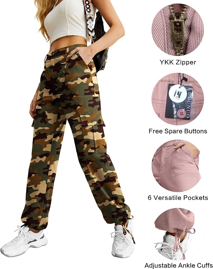 Lepunuo Women's High Waisted Cargo Pants Travel Y2K Streetwear Baggy Stretchy Pants with 6 Pockets Drawstring Ankle Cuffs