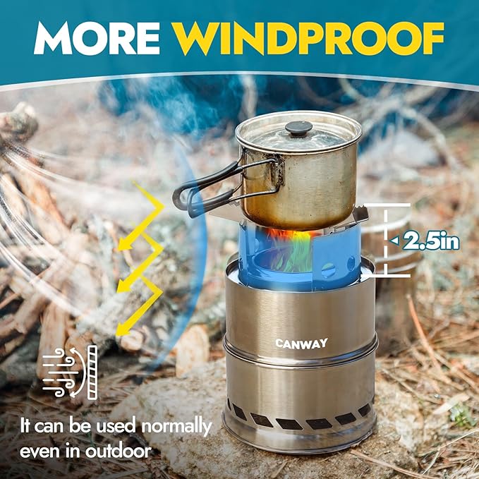 CANWAY Camping Stove, Wood Stove/Backpacking Survival Stove, Windproof Anti-Slip Portable Stainless Steel Wood Burning Stove with Nylon Carry Bag for Outdoor Backpacking Hiking Traveling Picnic BBQ