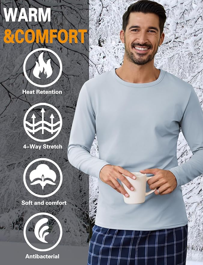 URRU Thermal Underwear for Men High Stretch Fleece Lined Long Sleeve Crewneck Thermal Shirts Base Layer Top Men Cold Weather