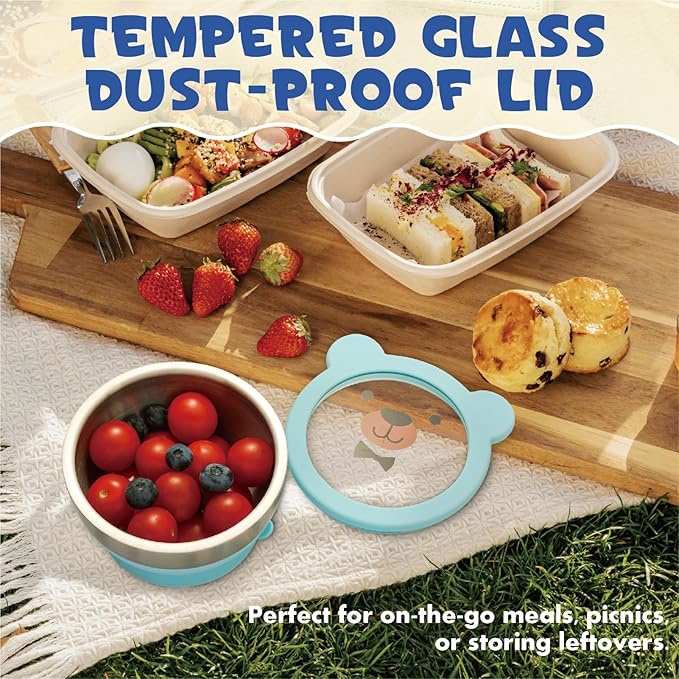 MR. CHOU Suction Baby Bowl Set with Spoon & Fork, Double-Wall 18/8 Stainless Steel Toddler Bowls with BPA Free Airtight Lids, Food Grade Infant Self-Feeding Bowl, First Stage Led Weaning Supplies Blue