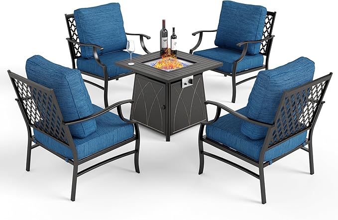 Patio Furniture Set with Fire Pit Table, 5 Pcs Metal Outdoor Conversation Set, 4 Single Chairs with 5.75" Extra Thick Cushion and 28" Fire Pit Table for Backyard Deck, Green Blue