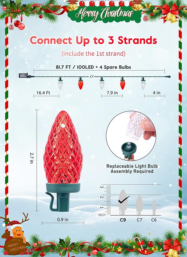 C9 LED Christmas Lights Outdoor, 81 Feet 100 LED String Lights with Timer & 8 Light Mode, Waterproof Commercial Grade Christmas Tree Lights for Outside Indoor Roofline Patio Decor, Red & Pure White