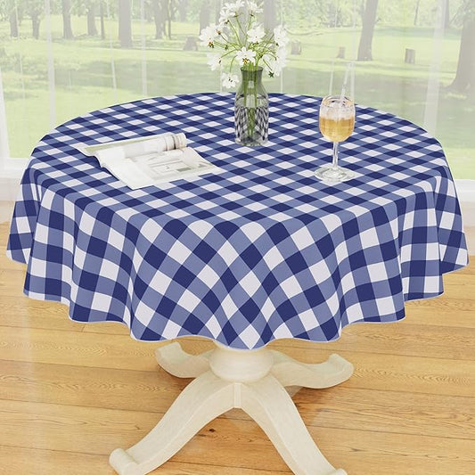 Smiry Round Plastic Table Cloth, Waterproof Vinyl Tablecloth with Flannel Backing, Wipeable Buffalo Plaid Table Cover for Dining, Indoor and Outdoor (Navy & White, 60" Round)