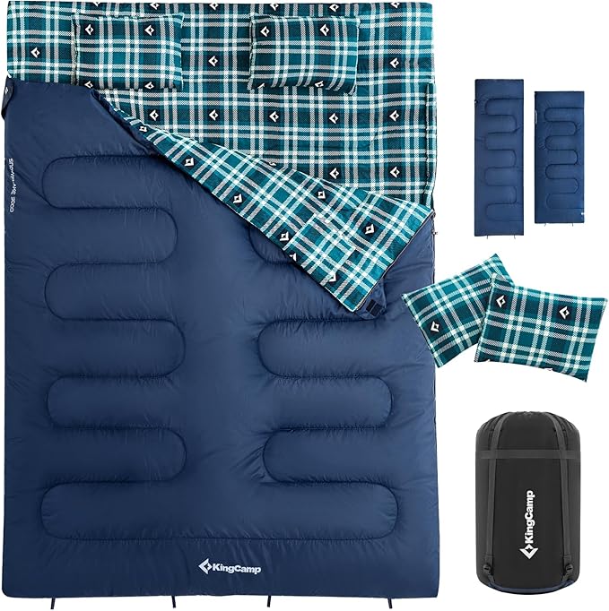 KingCamp Double Sleeping Bag for Adults, Queen Size 2 Person XXL Flannel Sleeping Bag, Waterproof Lightweight Flannel Quilt with 2 Pillows, Perfect for Couples Family Camping Hiking
