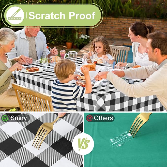 Smiry Rectangle Table Cloth, Waterproof Vinyl Tablecloth with Flannel Backing, Wipeable Buffalo Plaid Table Cover for Dining, Indoor and Outdoor (Black & White, 54"x78")