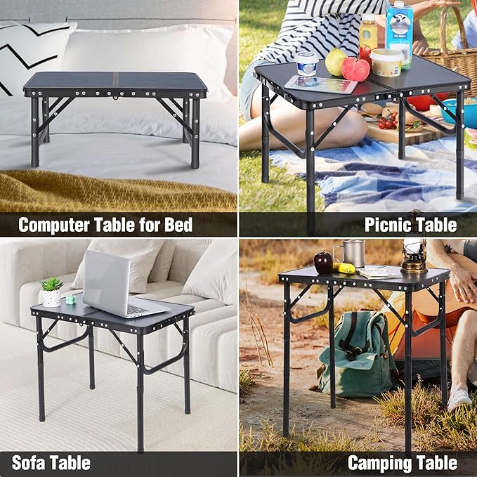 RedSwing Small Folding Table Adjustable Height, Lightweight and Portable Aluminum Frame Camping Table for Outdoor Indoor Picnic, 2 Feet, Grey