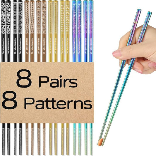 8 Pairs Metal Chopsticks Reusable Multicolor Stainless Steel Chopsticks Set Laser Engraved Non-slip Japanese Korean Chinese Chopstick for Cooking Eating Dishwasher Safe 9.25" Chop Sticks Gift Set