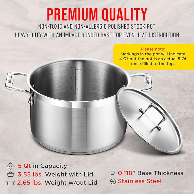 Stockpot – 5 Quart – Brushed Stainless Steel – Heavy Duty Induction Pot with Lid and Riveted Handles – For Soup, Seafood, Stock, Canning and for Catering for Large Groups and Events by BAKKEN