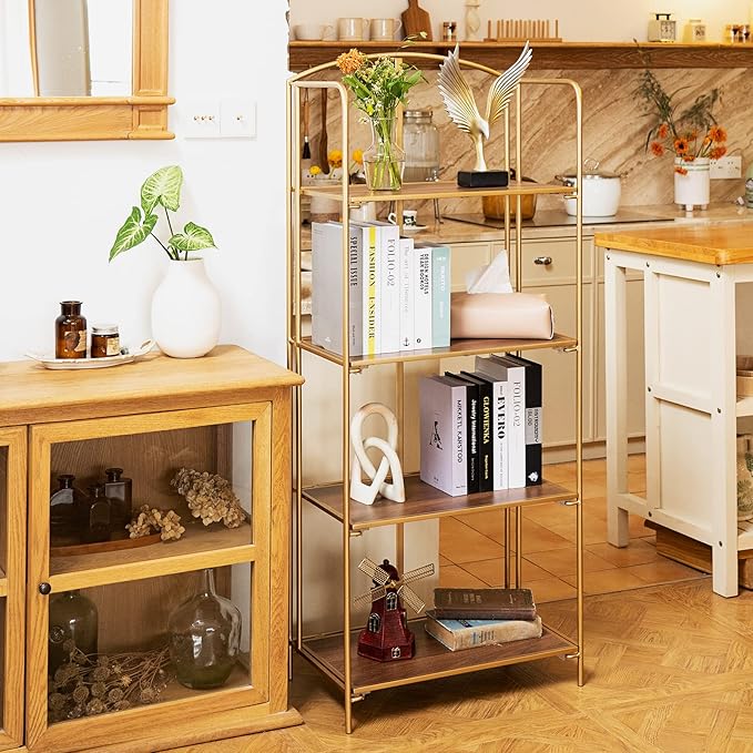 Crofy No Assembly Folding Bookshelf for Living Room, 4 Tier Gold Collapsible Book Shelf for Home Office, Portable Bookcase Storage Organizer