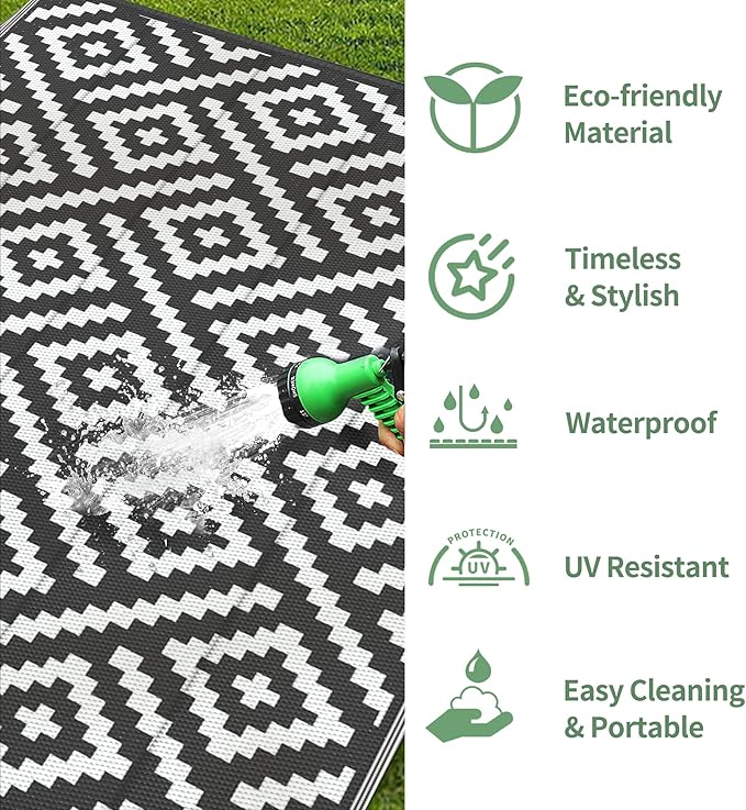 GENIMO Outdoor Rug for Patio Clearance,6'x9' Waterproof Mat,Reversible Plastic Camping Rugs,Rv,Deck,Porch,Camper,Balcony,Backyard,Black & White