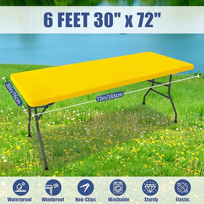 Spandex Picnic Table Cloth 2 Pack, Elastic Fitted Tablecloths for 6 Foot Rectangle Tables, Stretch Washable Patio Table Cover for Outdoor, Camping, Banquet and Parties (Yellow, 30"x72")